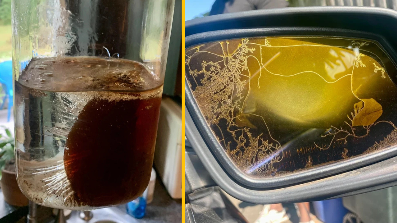 Nápoj s ľadom v pohári a dekoratívne vzory na spätnom zrkadle auta, detailné pohľady.