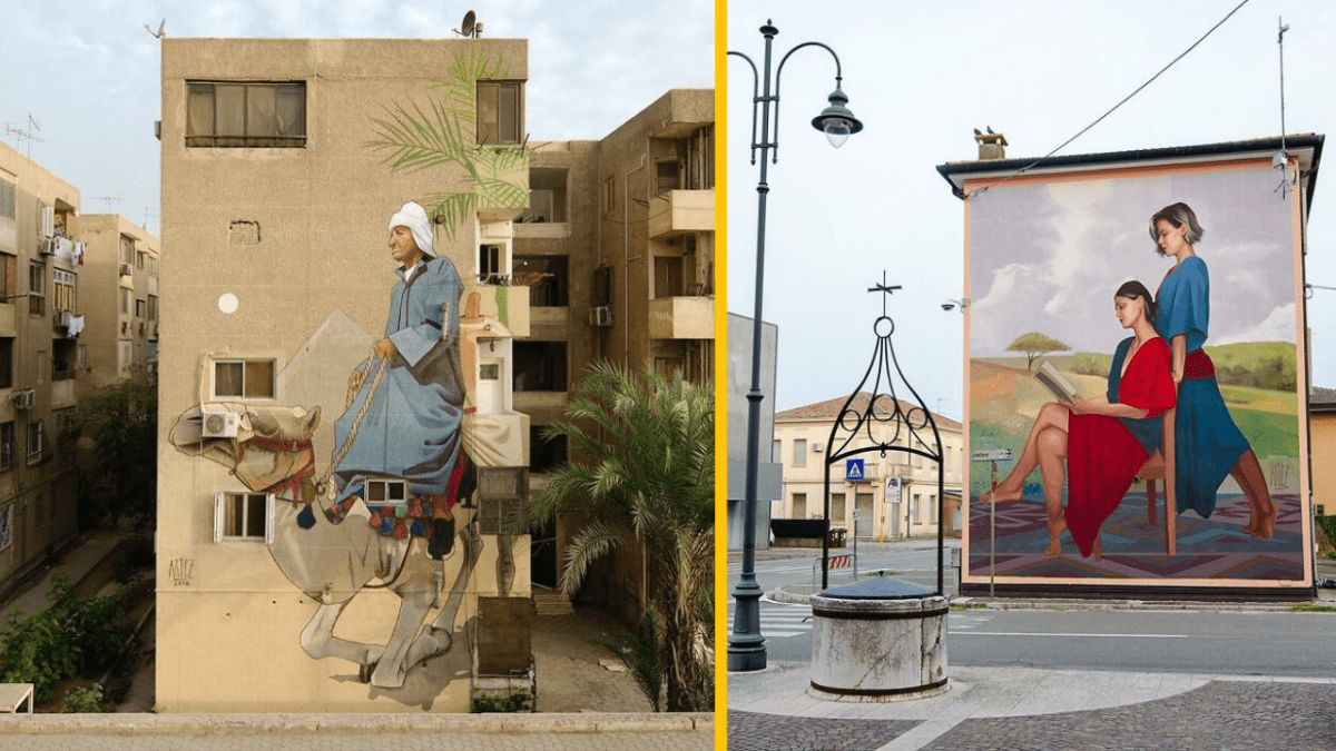 Mestské nástenné maľby: jazdec na ťave a dve ženy s knihou na farebných budovách.