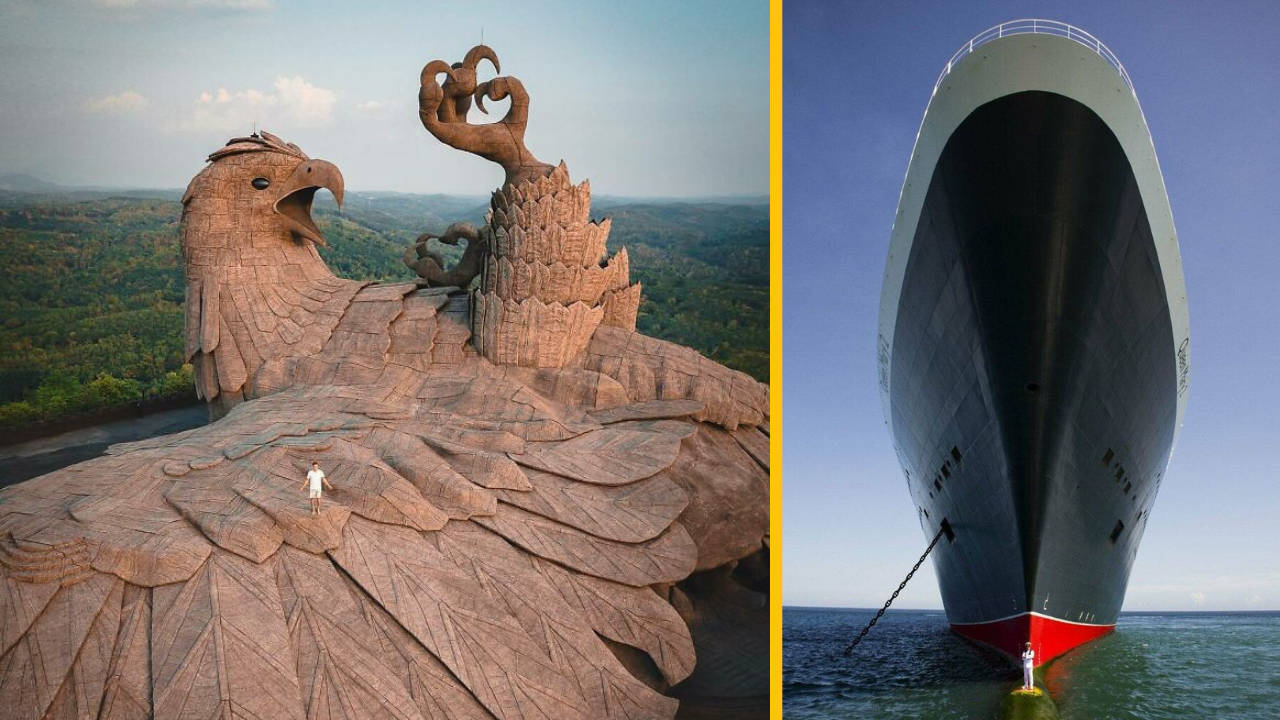 Obrovská socha vtáka v prírodnom parku a veľká loď na mori, pohľad zdola.