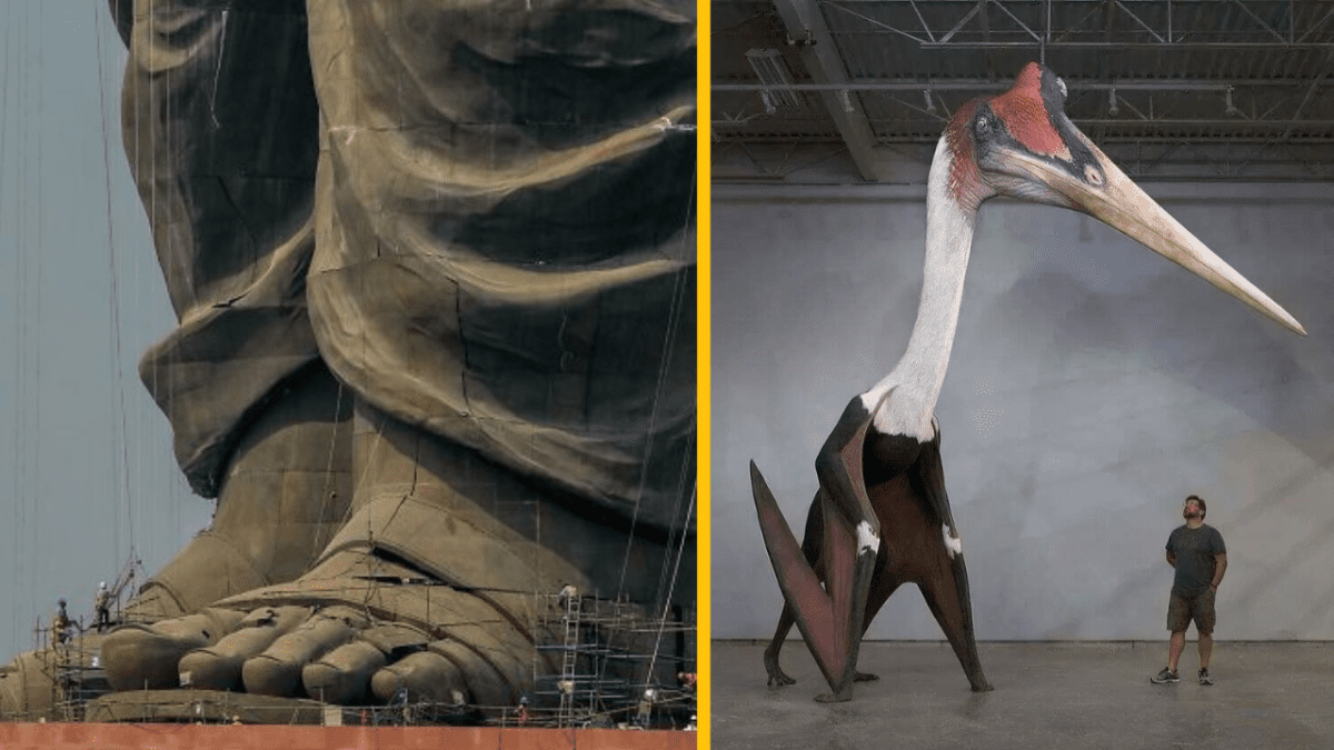 Ľudia pri obrovskej soche a model pterosaura ukazujú veľkosť a pôsobivý rozsah historických sôch a tvorov.