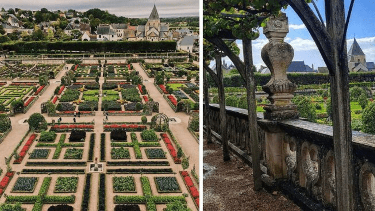 Nádherná symetrická záhrada s chodníkmi, kvetinovými záhonmi a historickým pozadím dedinky, pohľad z výšky.