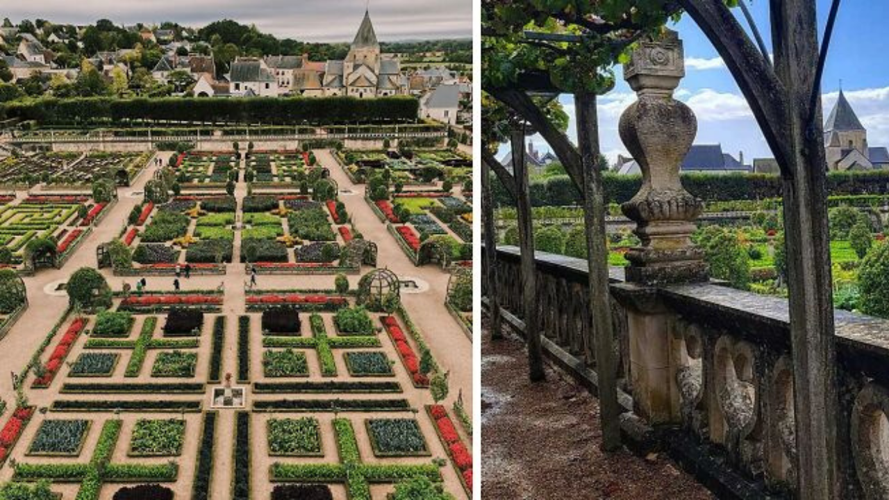 Nádherná symetrická záhrada s chodníkmi, kvetinovými záhonmi a historickým pozadím dedinky, pohľad z výšky.