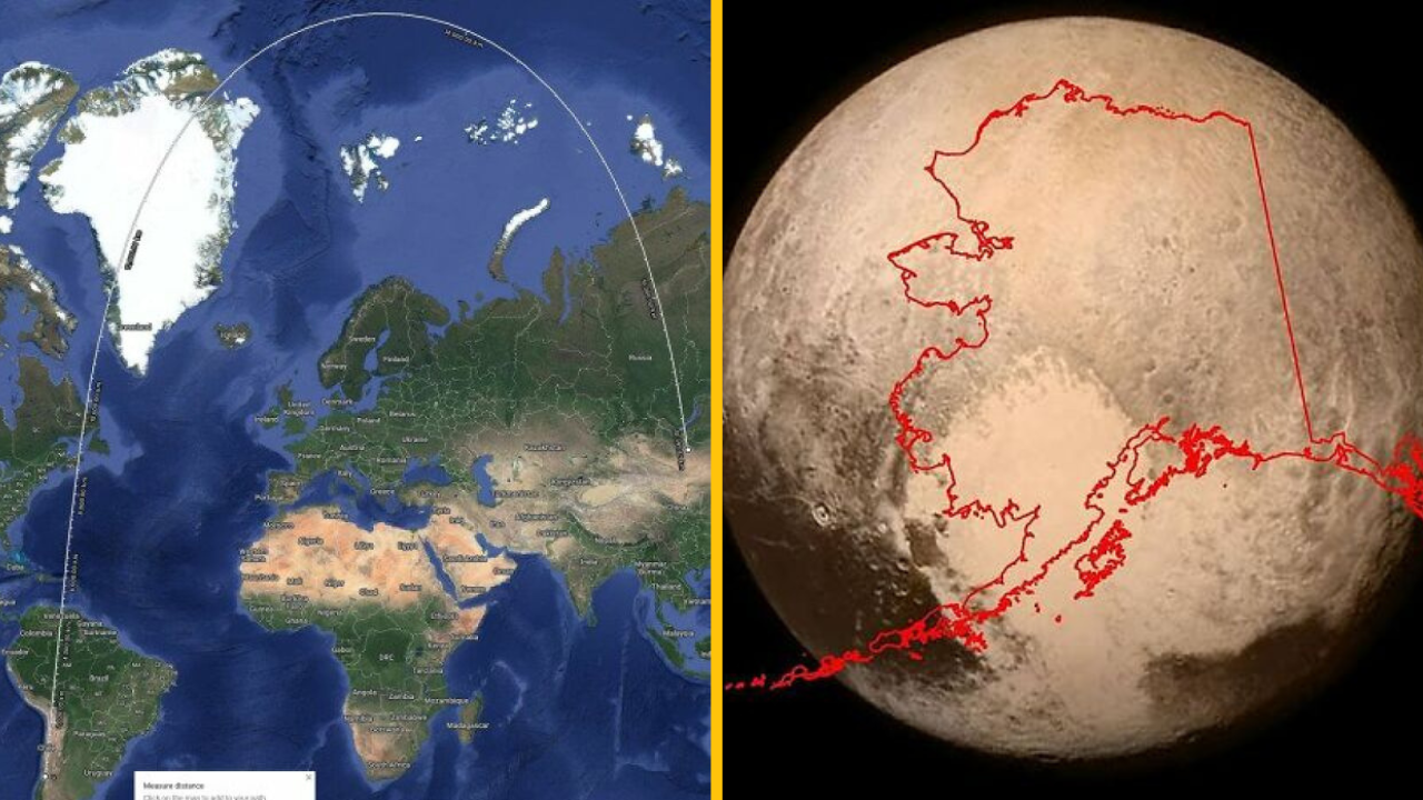 Mapa planéty s trasou cesty porovnaná s mapou povrchu Pluta.