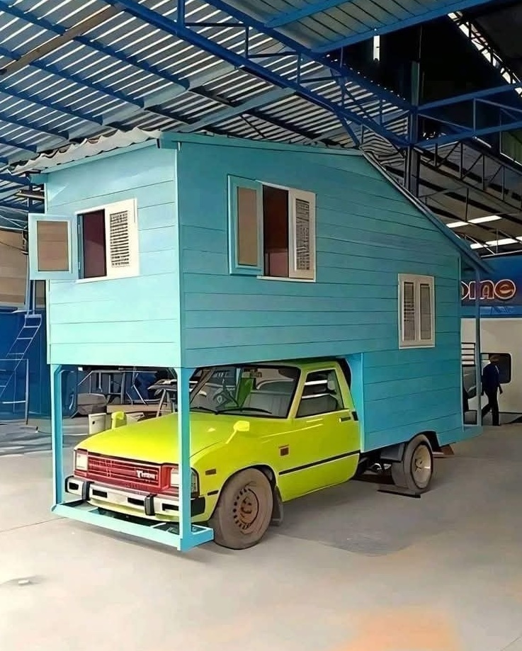 Kreatívna stavba: auto prepojené s modrou drevenou strechou v dielni pod prístreškom.