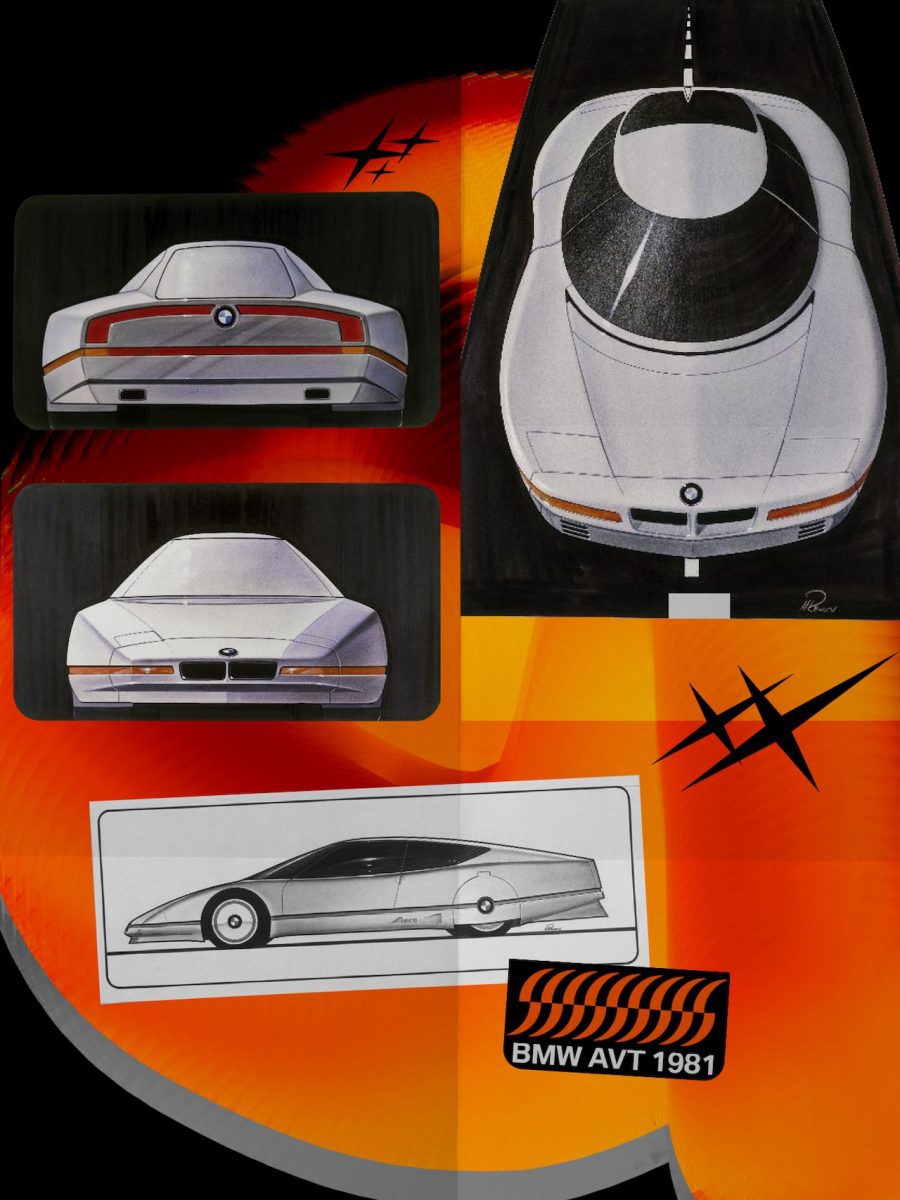 Návrh konceptuálneho auta BMW z roku 1981 s futuristickým dizajnom a aerodynamickými líniami na oranžovom pozadí.