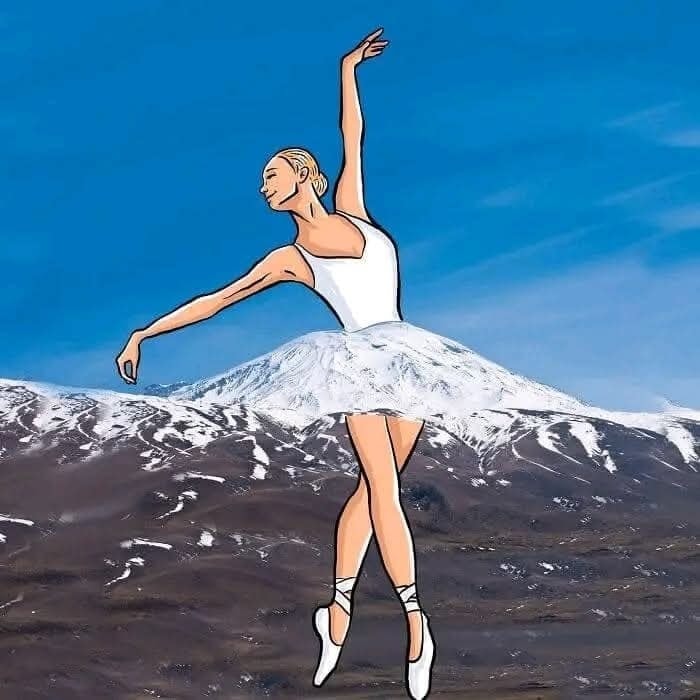 Balerína v bielych šatách na pozadí zasnežených hôr, vytvára harmóniu umenia a prírody.
