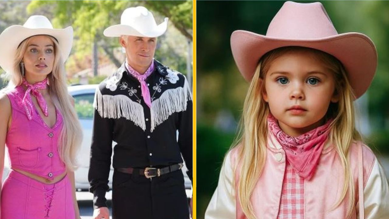 Dvojica a dievča v kovbojských klobúkoch a štýlovom ružovom oblečení vonku, zamerané na westernovú módu.