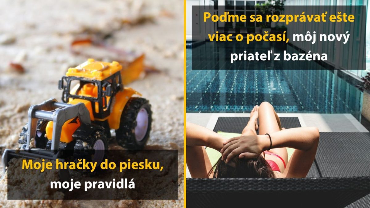 Detský bager v piesku a žena relaxujúca pri bazéne zobrazujú kontrast medzi hrou a oddychom.