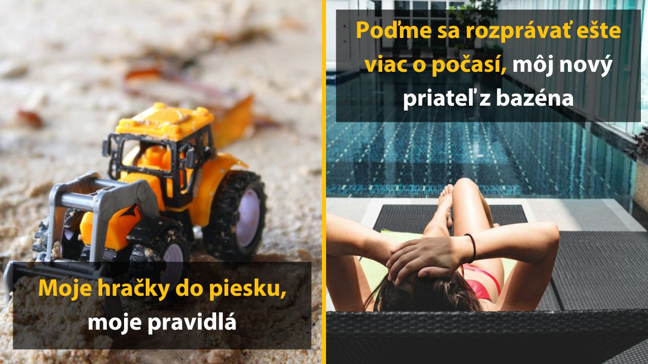Detský bager v piesku a žena relaxujúca pri bazéne zobrazujú kontrast medzi hrou a oddychom.