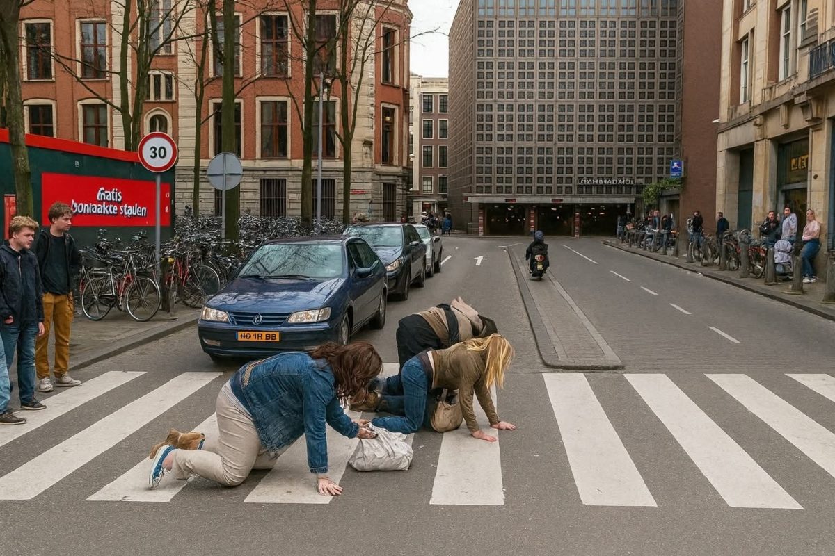 Skupina ľudí prechádzajúca na kolenách cez zebru na ulici, pozorovaná okoloidúcimi v mestskom prostredí.