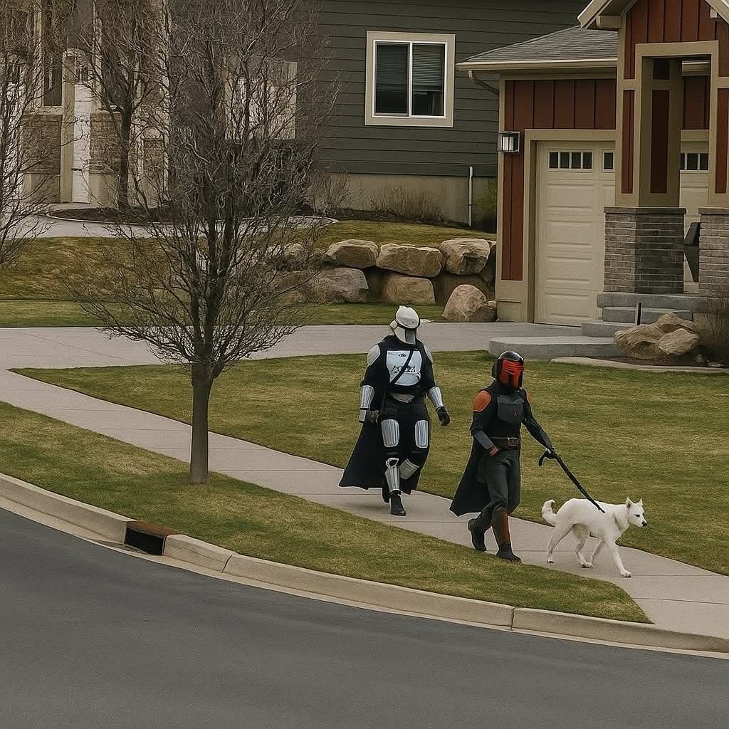 Dve osoby v sci-fi kostýmoch venčia psa na predmestí, popri ktorom vedie chodník.