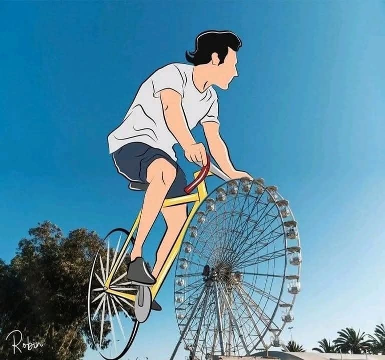 Ilustrácia muža na bicykli, ktorého predné koleso nahrádza vyhliadkové koleso.