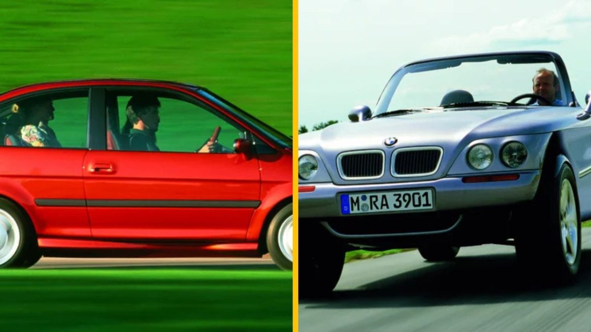 Dva autá jazdiace po ceste: červený hatchback vľavo a strieborný športový kabriolet vpravo.