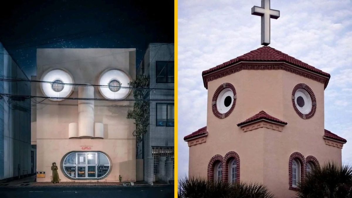 Budovy s oknami podobnými očiam vyzerajú ako tváre postavené v mestskom prostredí pod modrou oblohou.