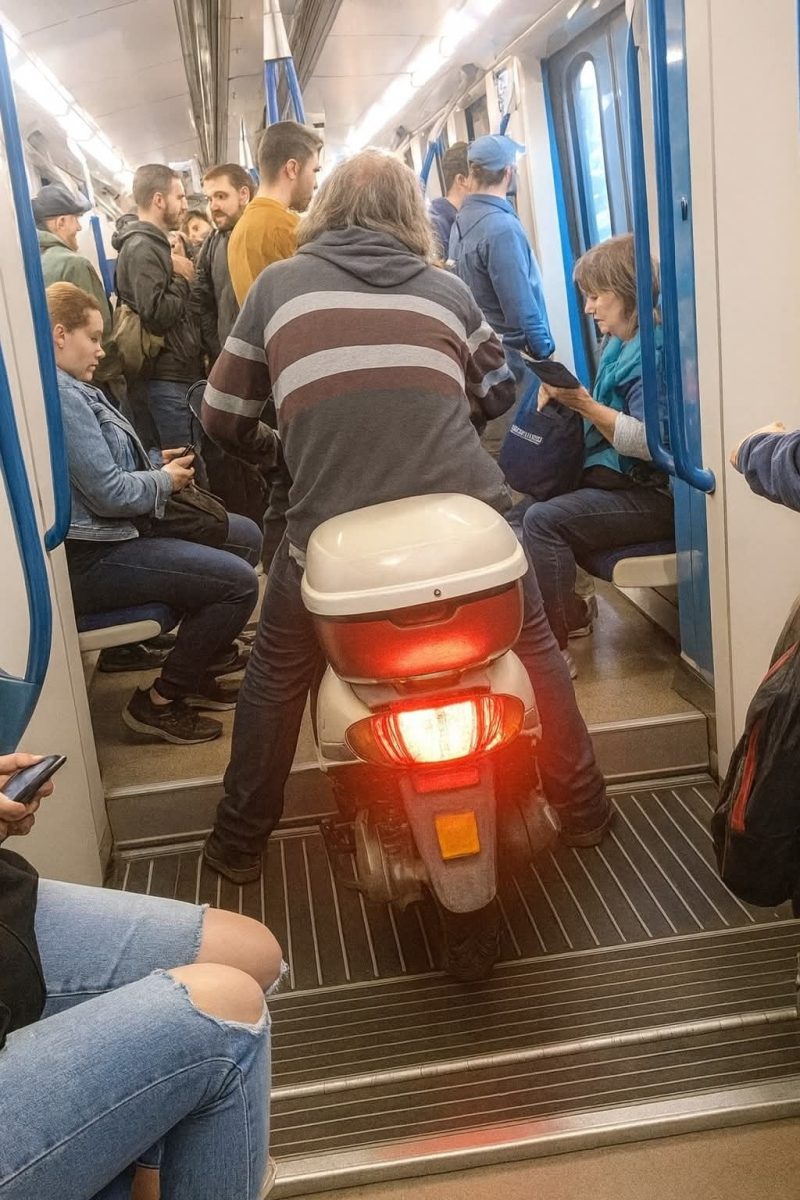 Motorka v preplnenom vlaku, ľudia zo zvedavosti pozorujú netradičného cestujúceho.