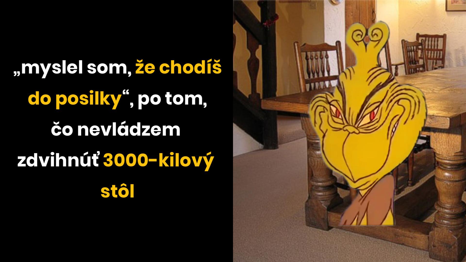 Žltá kreslená postava pod dreveným stolom s nápisom vtipkuje o posilňovni a ťažkom stole.