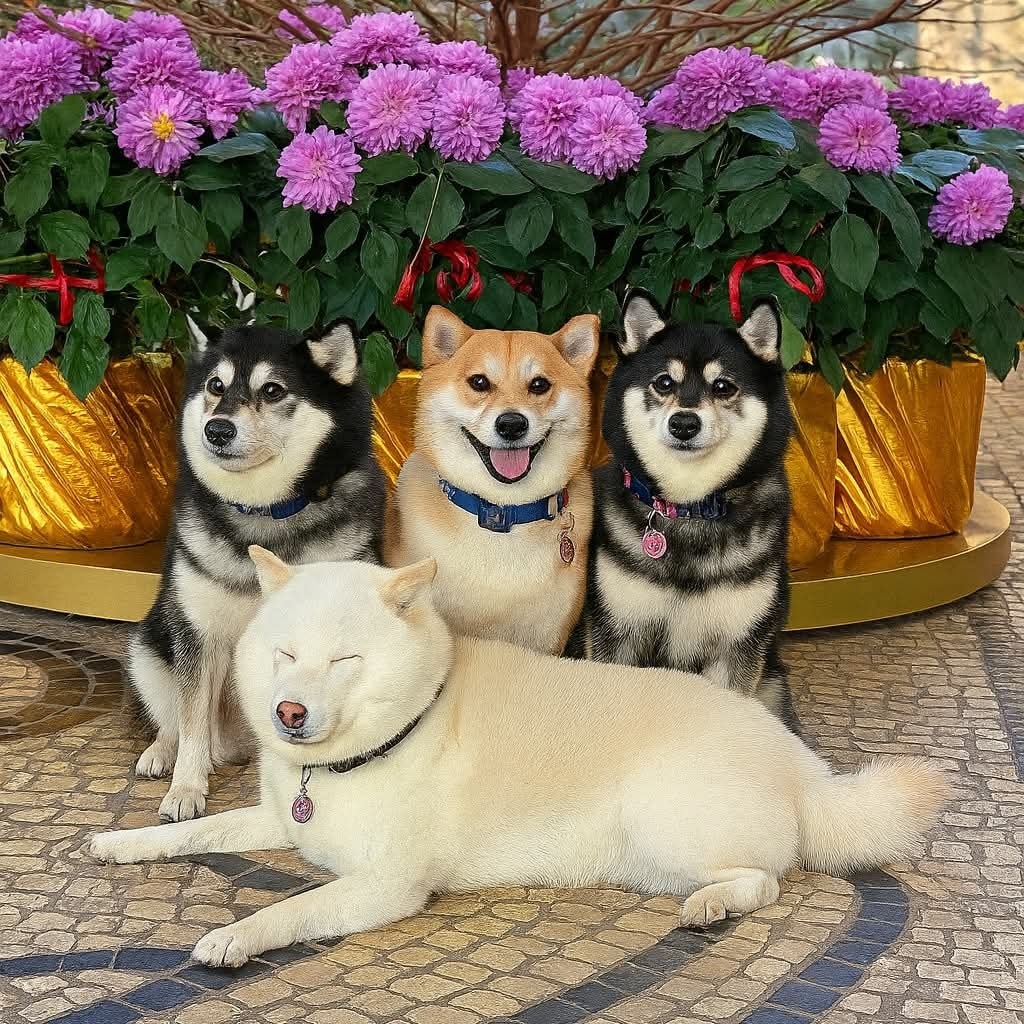 Štyri psy pózujú pred kvetináčom s fialovými chryzantémami, v popredí leží jeden so zatvorenými očami.