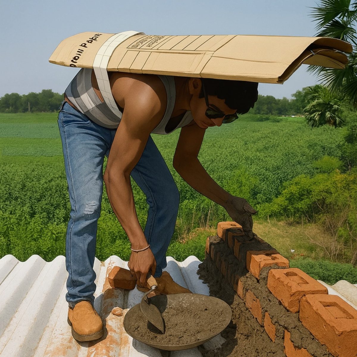 Robotník na streche kladie tehly, nesie kartón na ochranu pred slnkom. Pracuje v zelenej krajine.