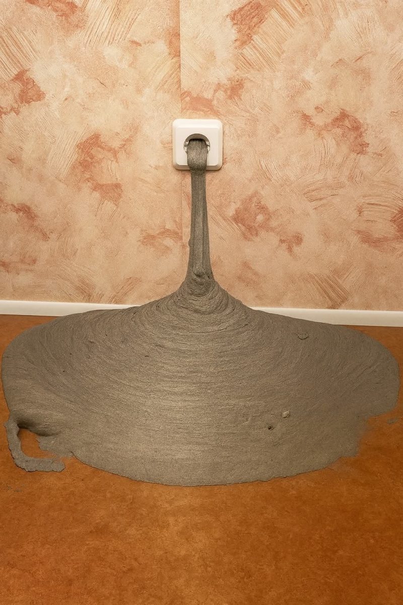 Zásuvka na stene s pripojenou netradičnou šedou hmotou, ktorá sa rozširuje na podlahu.