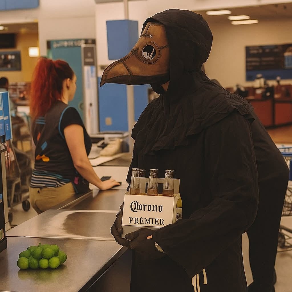 Osoba v maske morového lekára s krabicou piva pri pokladni v obchode.