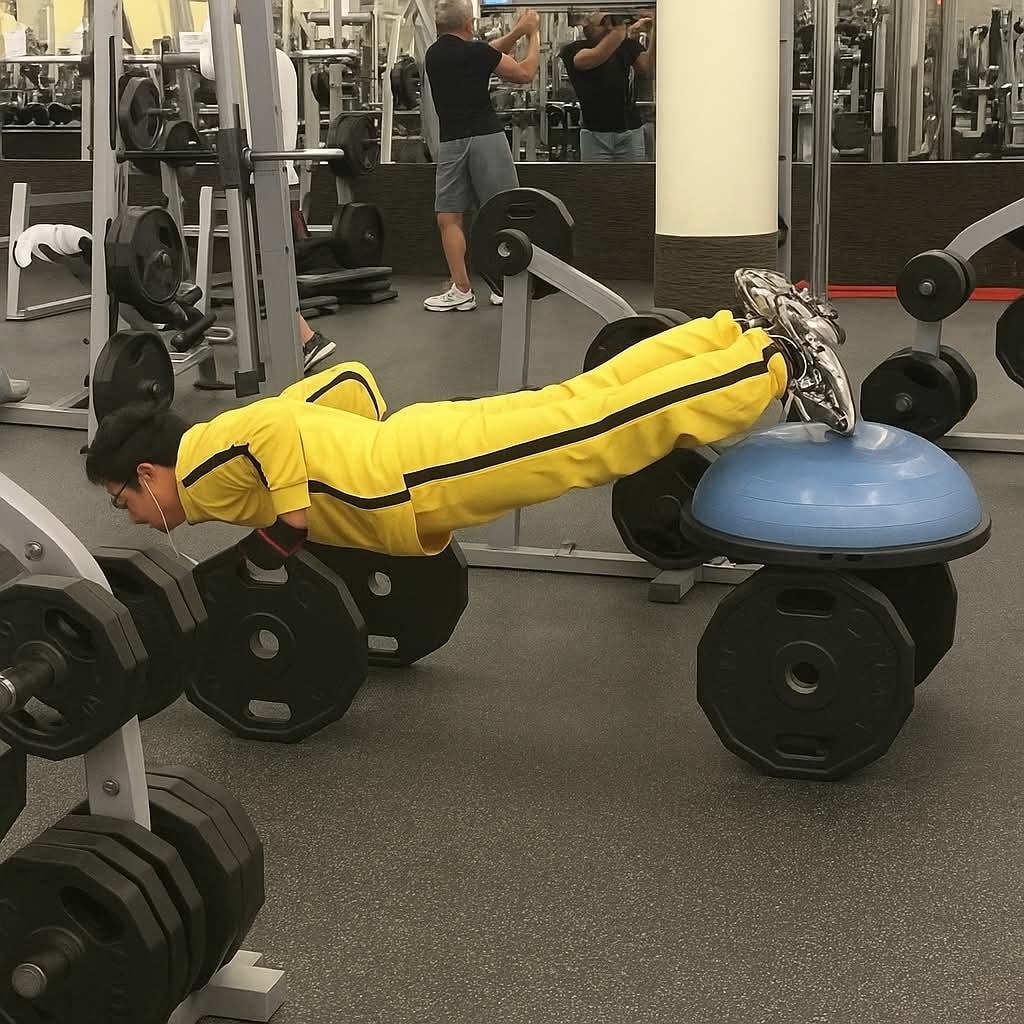 Osoba v žltom cvičí plank na činkách v posilňovni, nohy položené na modrej balančnej podložke.