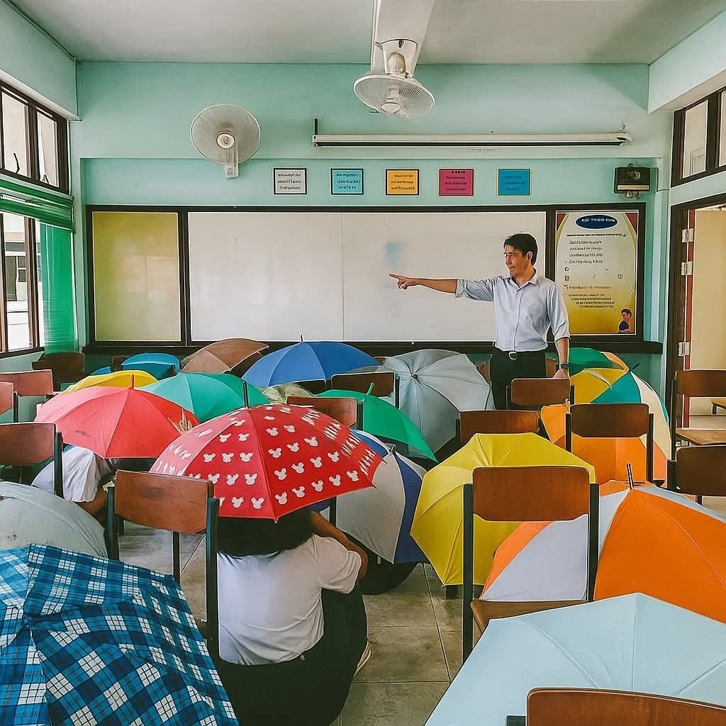 Pestré dáždniky v triede s učiteľom ukazujúcim na tabuľu, študenti sa schovávajú pod nimi.
