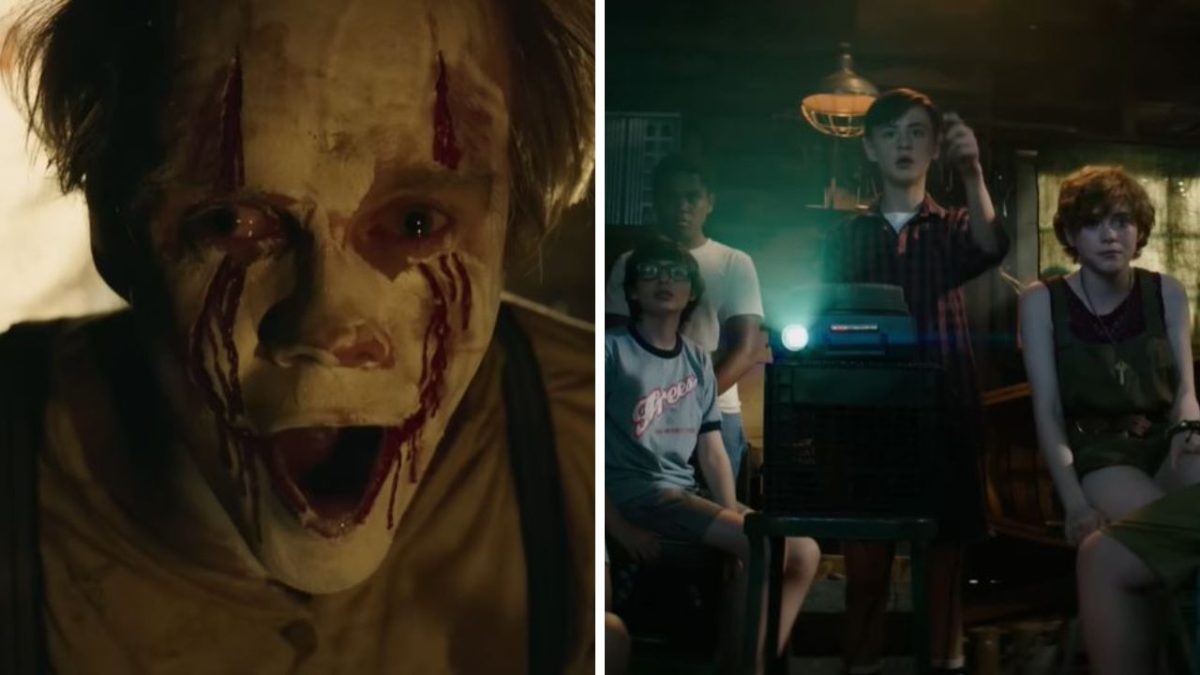 Klaun s krvavými pruhmi a skupina detí pri projektore v tajomnom prostredí.