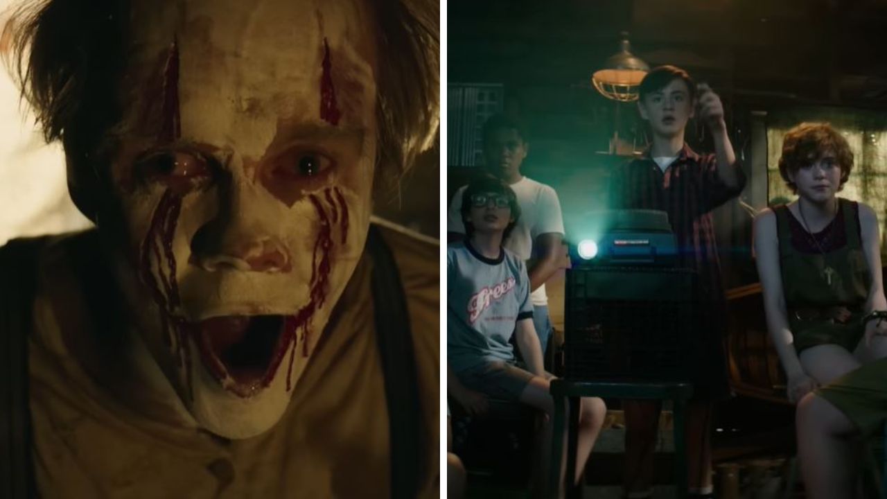 Klaun s krvavými pruhmi a skupina detí pri projektore v tajomnom prostredí.