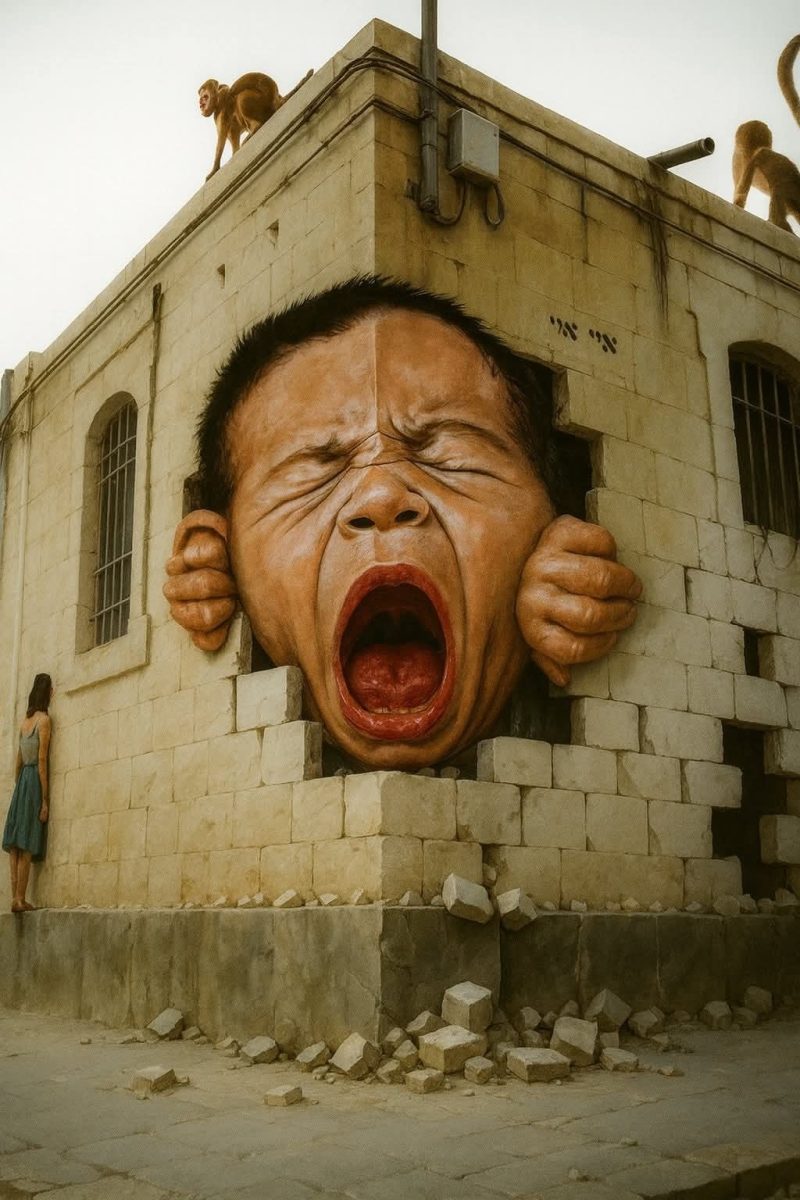 Street art: veľká hlava kričiaceho dieťaťa na stene budovy s opicami na streche a ženou vedľa steny.