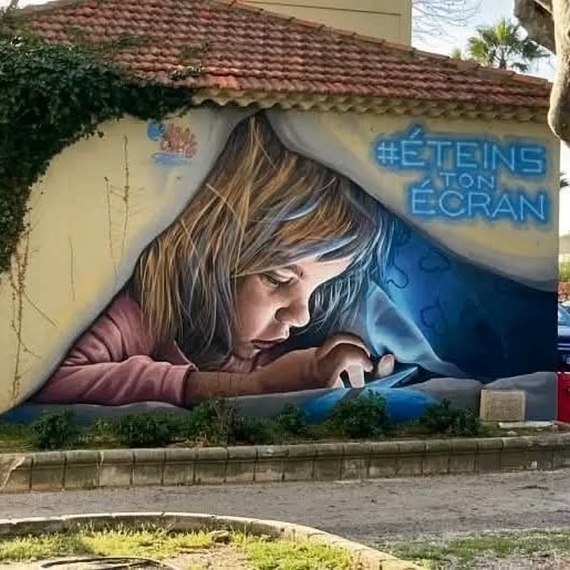 Nástenná maľba dievčaťa s telefónom a nápisom Éteins ton écran vyzýva na obmedzenie času pred obrazovkou.