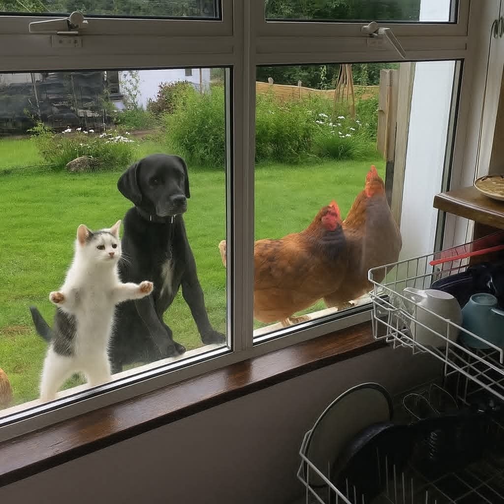 Mačka, pes a sliepky pozerajú cez okno do kuchyne, zvieraťa na dvore čakajú na kŕmenie.