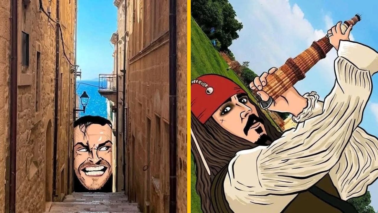 Úzka ulička s výhľadom na more, v popredí karikatúry piráta a muža s úsmevom, v kreatívnej kompozícii.