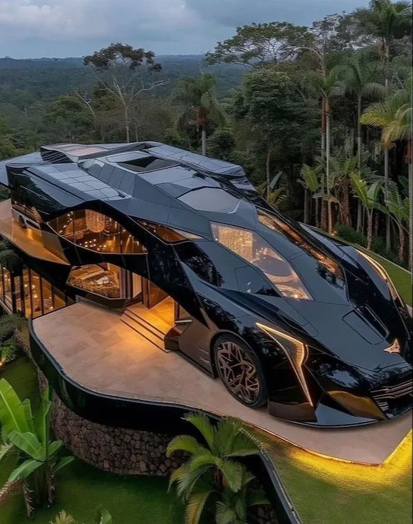 Luxusný futuristický dom v tvare superauta, obklopený zeleňou džungle a osvetlený tlmeným svetlom.