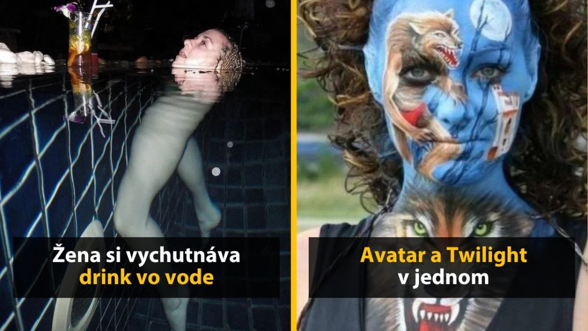 Žena v bazéne pri drinku, portrét s farebným bodyartom inšpirovaným filmami.