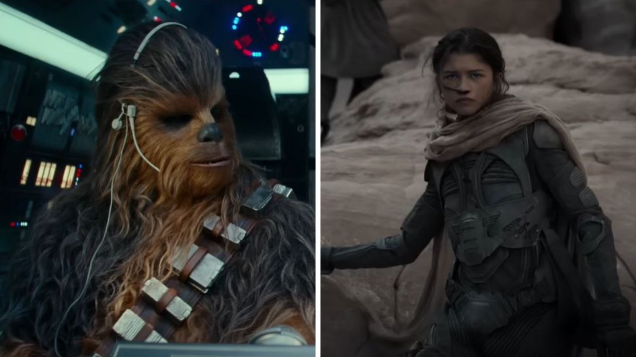 Mimozemšťan v kokpite vesmírnej lode vedľa bojovníčky na púšti v ochrannom obleku.