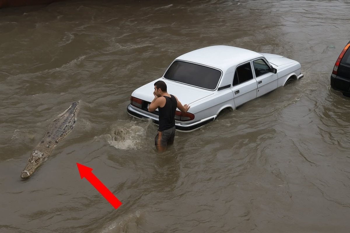 Muž vo vode vedľa auta počas povodne, blízko pláva krokodíl. Dramatická scéna zo záplav s divočinou.