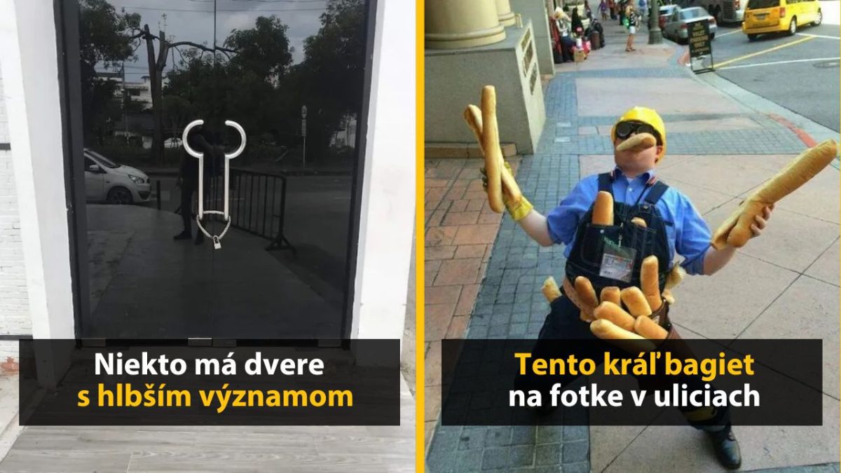 Dvere so zaujímavým tvarom rukoväte a muž s mnohými bagetami na ulici, kostým pripomína inžiniera z videohry.