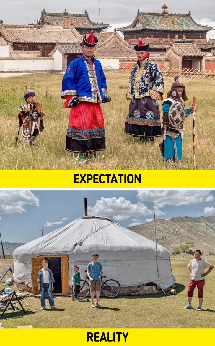 Tradičné oblečenie versus moderný život v mongolskej stepi s jurtou a rodinou.