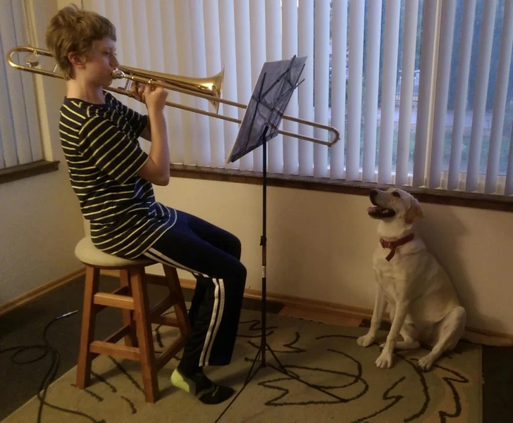 Dieťa hrá na trombóne, zatiaľ čo pes sedí vedľa a sleduje, oba vo vnútri miestnosti pri okne.