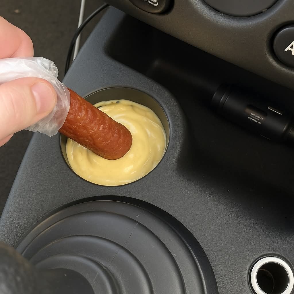 Premiestnenie klobásky do držiaka na nápoje v aute, kreatívne využitie priestoru.