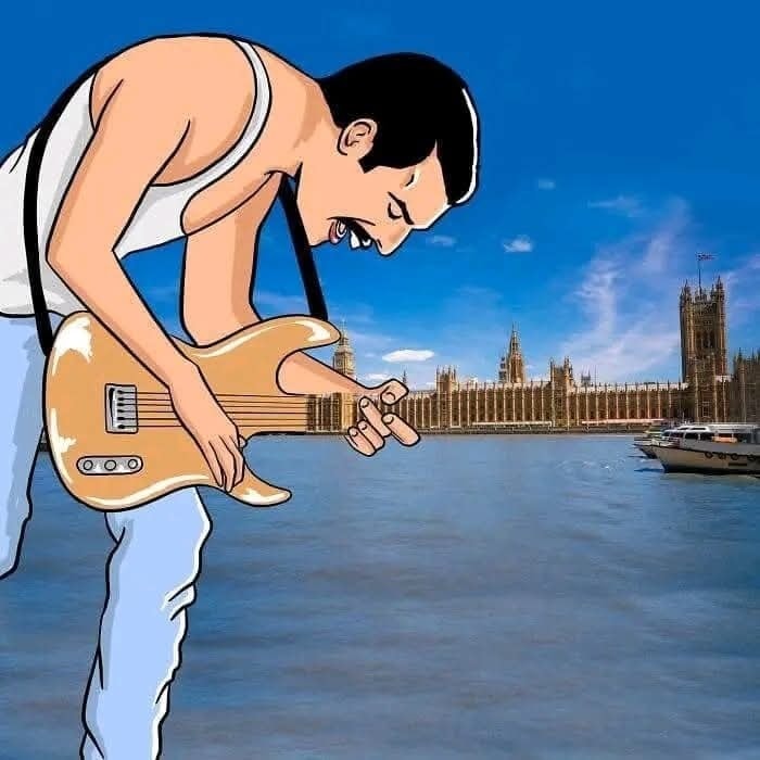 Animovaná postava s gitarou nad Temžou, proti Budove parlamentu v Londýne, modrá obloha.