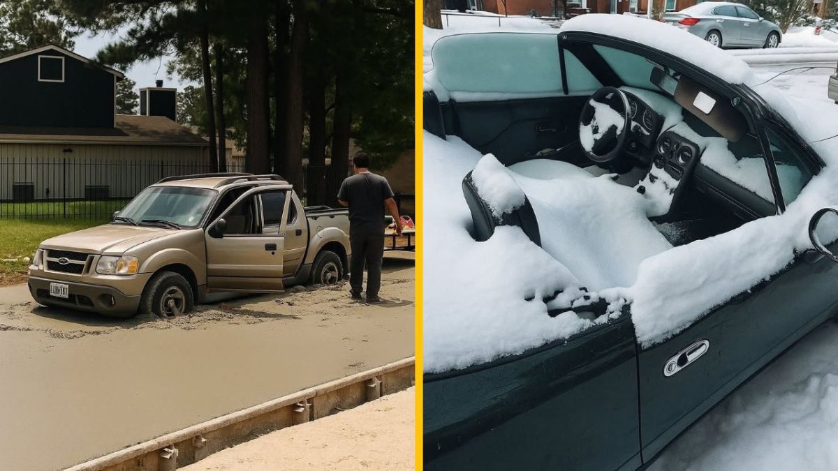 Auto v betóne a SUV zasypané snehom, dvojité nepohodlie spôsobené prírodou a nešťastnými okolnosťami.