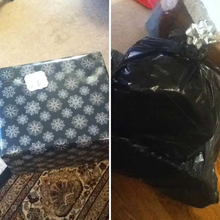 Darček, ktorý vyzerá elegantne zabalený, a darček vo vrecu na odpadky s mašľou – humoristické porovnanie.