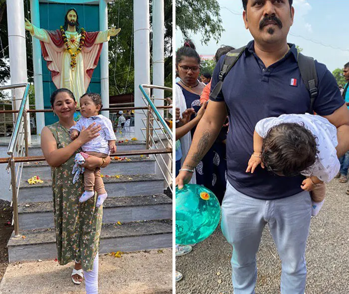 Žena s dieťaťom pri soche v parku; muž s dieťaťom na verejnom mieste.