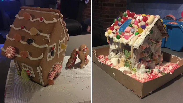 Dve domčeky z perníkov, jeden starostlivo nazdobený a druhý chaoticky ozdobený cukrovinkami.