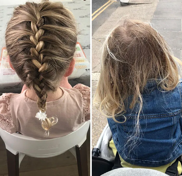 Dva účesy: elegantný vrkoč s kvetinou a voľné vlnité vlasy v džínsovej bunde zozadu.