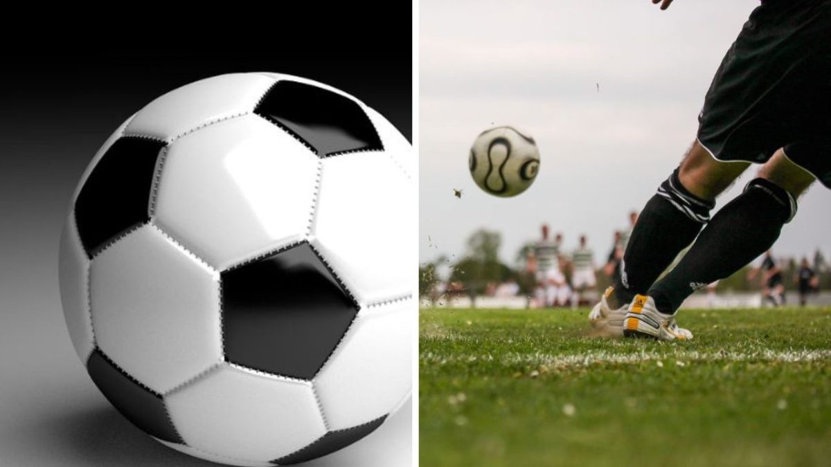 Futbalová lopta a hráč kopajúci do lopty na ihrisku, zápas a športová vášeň.