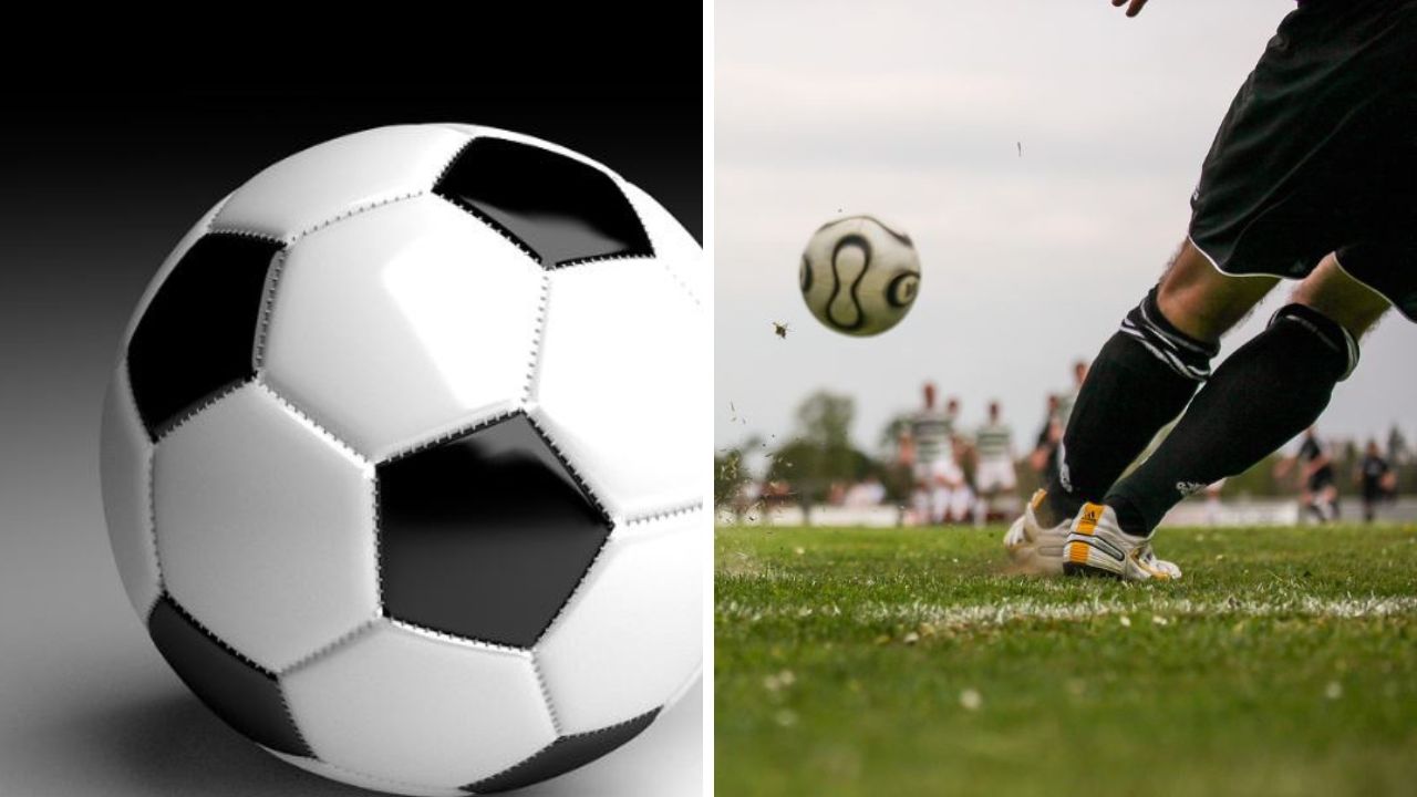 Futbalová lopta a hráč kopajúci do lopty na ihrisku, zápas a športová vášeň.