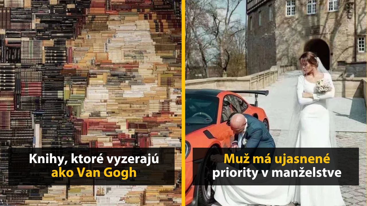 Knihy usporiadané ako obraz a nevesta vedľa muža opravujúceho auto na svadobnej fotografii.