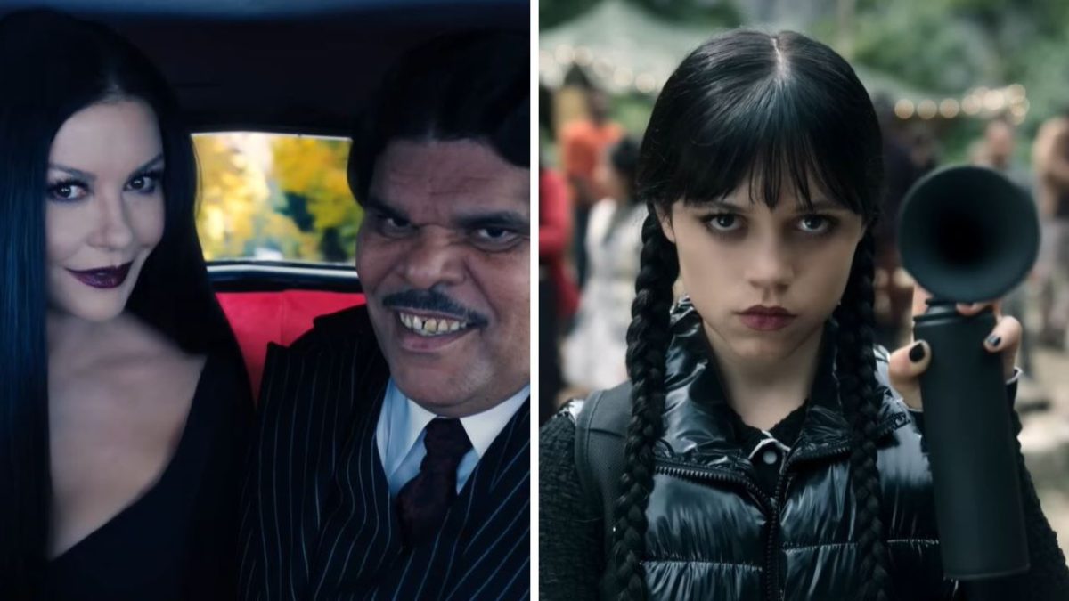 Osoby v tmavom oblečení, jedna s čiernymi vlasmi v aute, druhá vonku s megafónom, tmavý výraz.